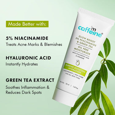 mCaffeine Glow Boost 5% Niacinamide & Green Tea Oil Free Moisturizer | Brightens & Even-Tones | 72Hrs Moisturization | Reduces Acne Marks & Blemishes | Lightweight Moisturizer For All Skin Types -50ml